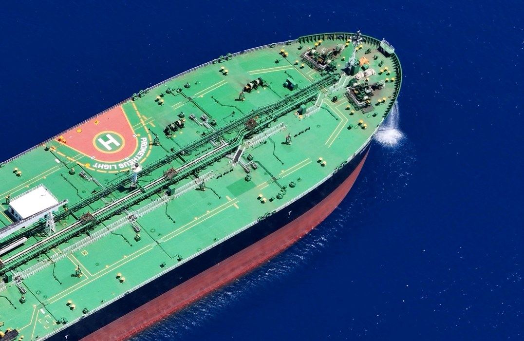 Laden crude carrier at anchorage, seen from above